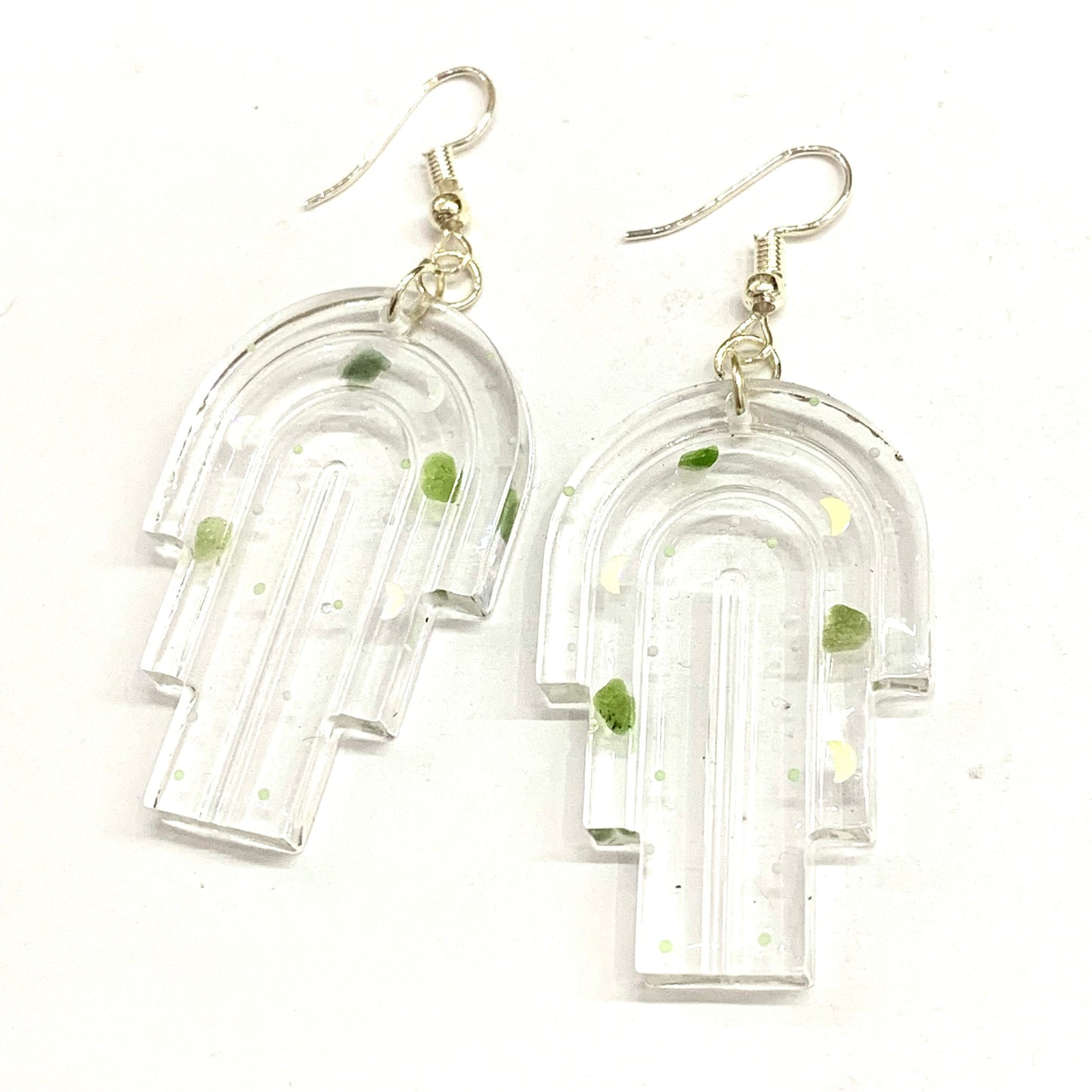 Cosmic Creations - Layered Arch Resin Dangle Earrings- Green & Moons
