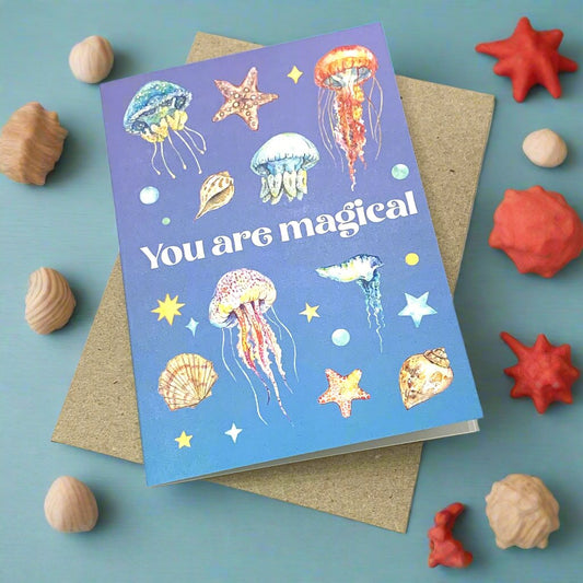 WATERCOLOURS BY CAT- Magical Greeting Card- Jellyfish & Starfish