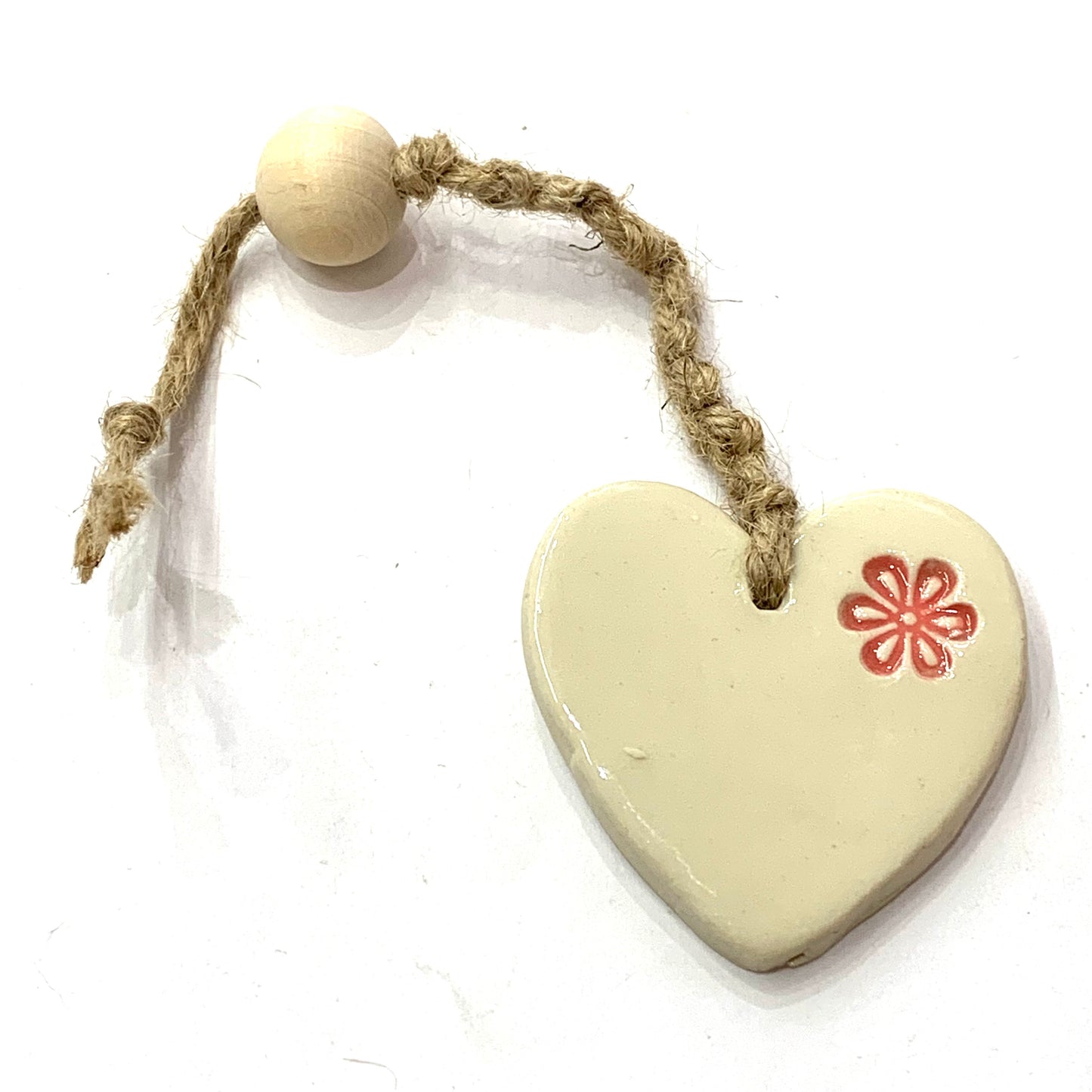 EARTH BY HAND- Clay Heart Decorations- Stamped Flower, Knotted Cord & One Bead