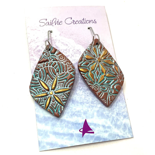 Sailvie Creations - Diamond Printed Terracotta, Blue & Gold Hook Dangle Earrings