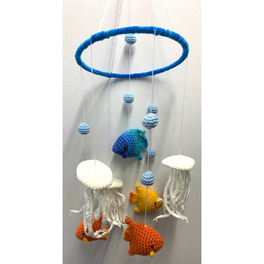 BEAKNITS- CROCHETED UNDER THE SEA MOBILE- Bright Blue Ring, White string & Yellow, Orange & Blue Fish