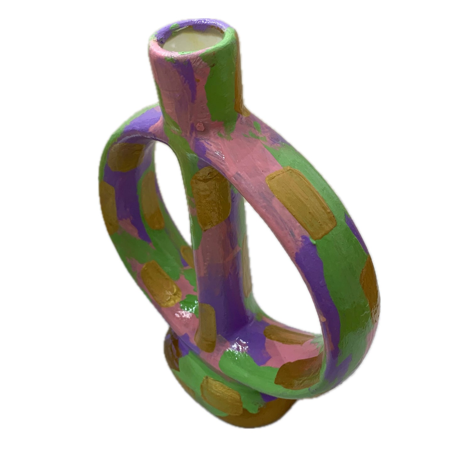 THIS BIRD HAS FLOWN - Intersected Candle Holder- Pink, Green, Lavender & Gold Abstract- Candle Included