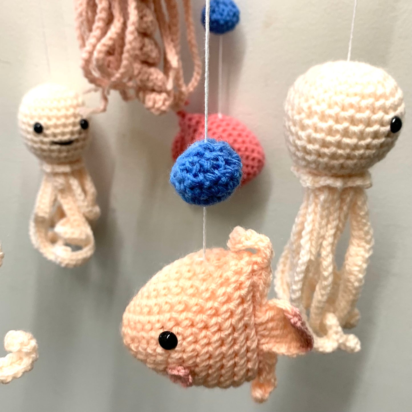 BEAKNITS- CROCHETED UNDER THE SEA MOBILE #2- Blue Ring with all Pink Creatures