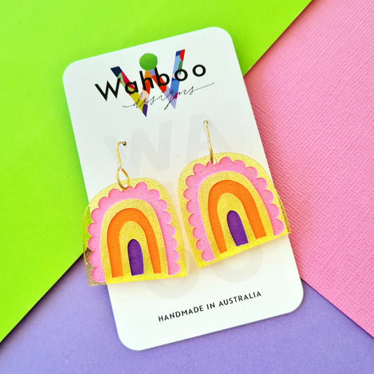 WAHBOO- Rainbow Arches Dangle Earrings - Yellow Fair Dust with pink, orange and purple