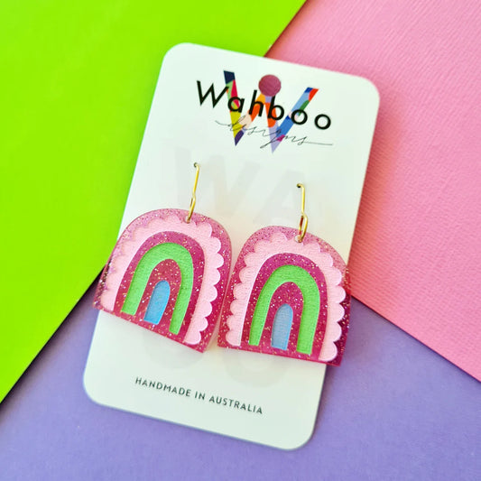 WAHBOO- Rainbow Arches Dangle Earrings - Pink Fairy Dust with Pink, lime and light blue