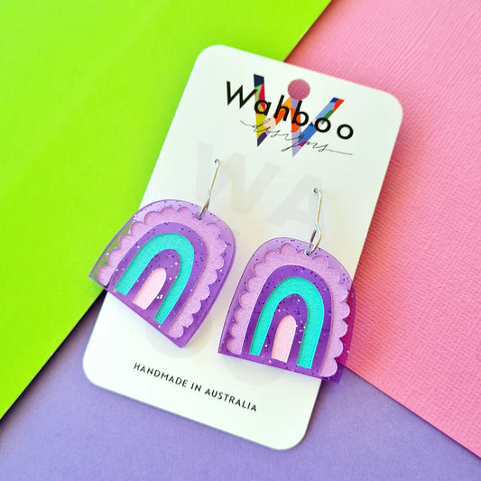 WAHBOO- Rainbow Arches Dangle Earrings - Purple Fairy Dust with purple, aqua and light pink