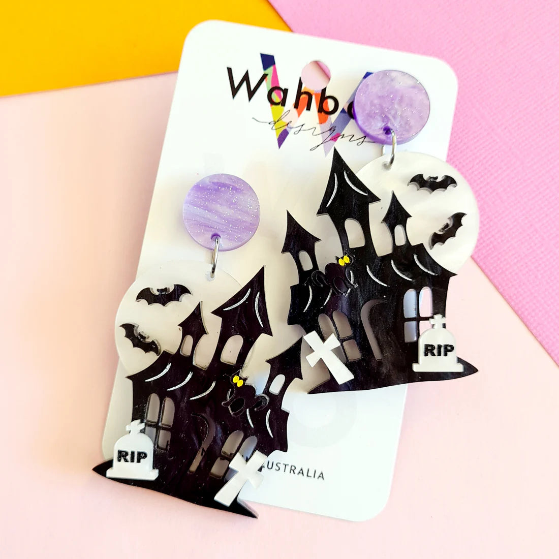 WAHBOO- Halloween Haunted House Dangle Earrings - black House Purple Tops