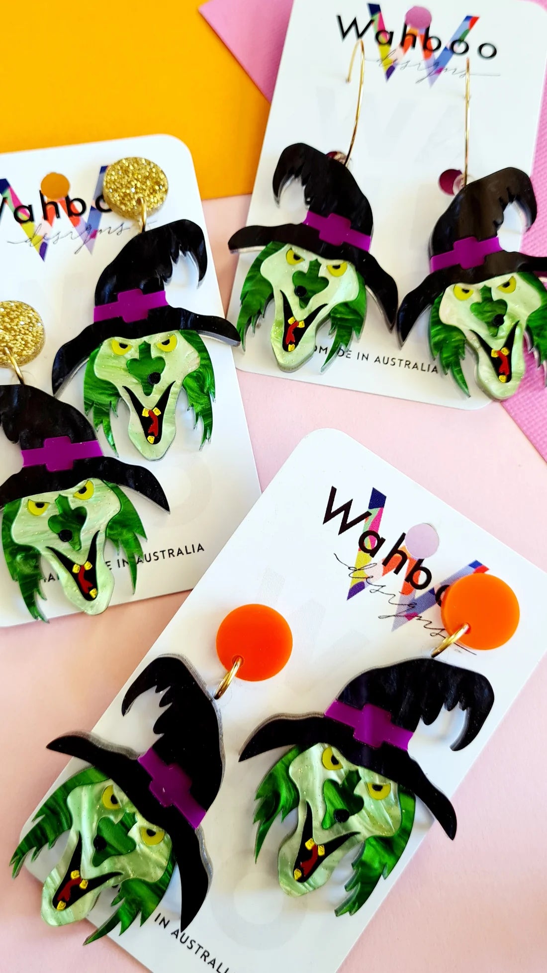WAHBOO- Halloween Witch Dangle Earrings Gold Tops