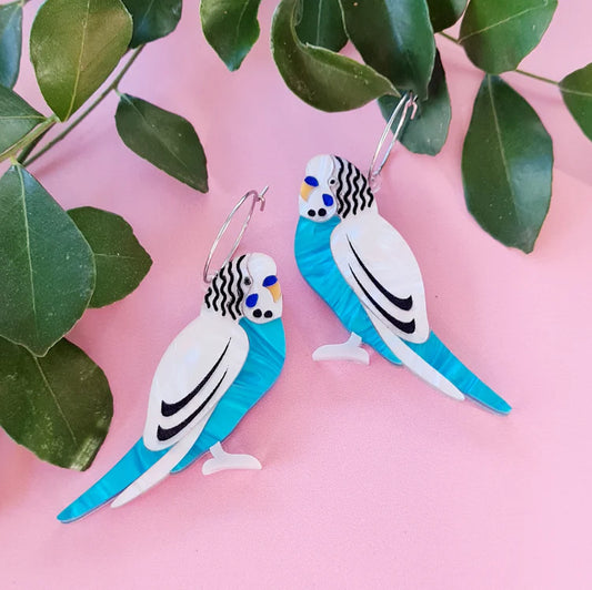 WAHBOO- Budgerigar Dangle Earrings- Blue & White