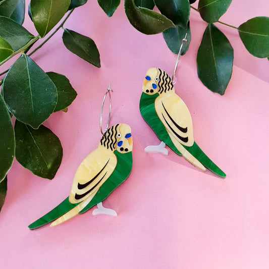 WAHBOO- Budgerigar Dangle Earrings- Green & Yellow