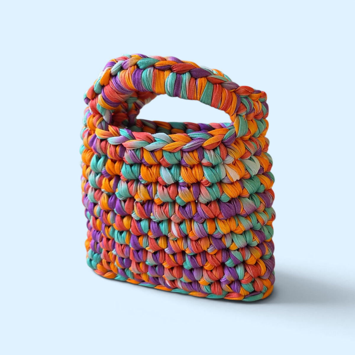 FIBRESCAPE - T-Shirt Yarn Bag With Crocheted Handles Brights Purple/Orange/Green