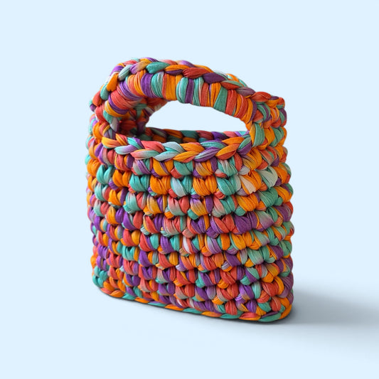 FIBRESCAPE - T-Shirt Yarn Bag With Crocheted Handles Brights Purple/Orange/Green