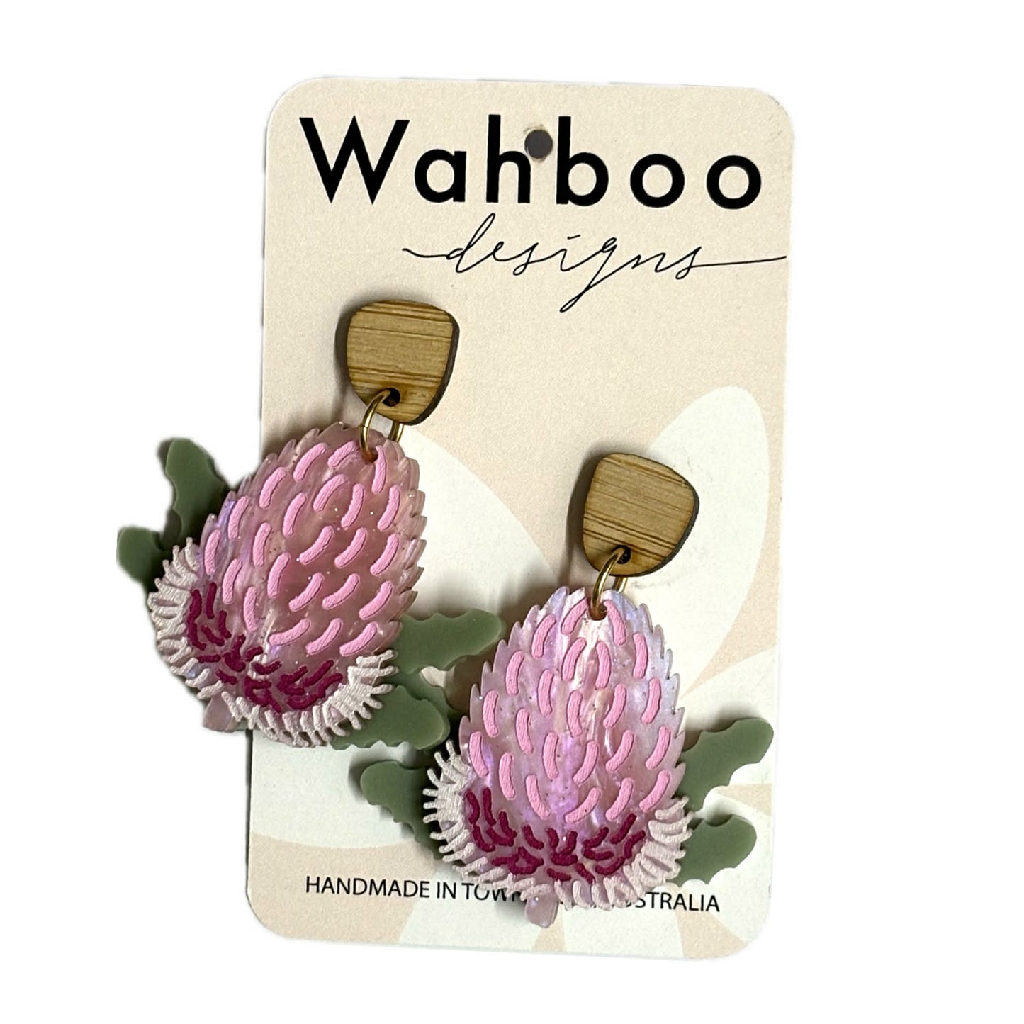 WAHBOO- Pink Banksia Stud Dangle Earrings