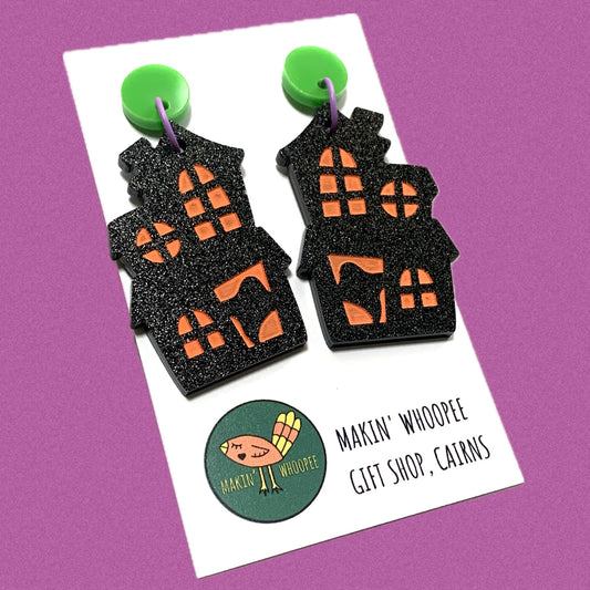 MAKIN' WHOOPEE - "HAUNTED HOUSE" Stud Dangle Halloween Earrings- Green Studs
