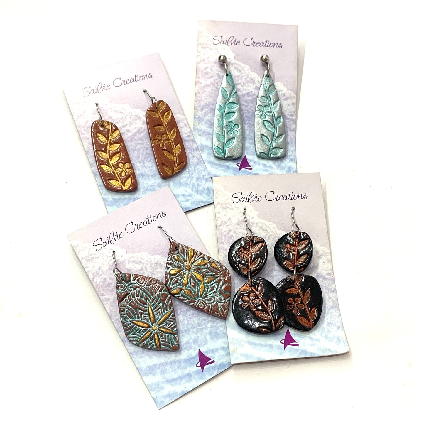 Sailvie Creations - Diamond Printed Terracotta, Blue & Gold Hook Dangle Earrings