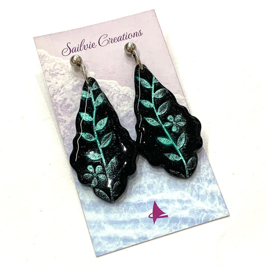 Sailvie Creations - Printed Black & Aqua Ball Stud Dangle Earrings