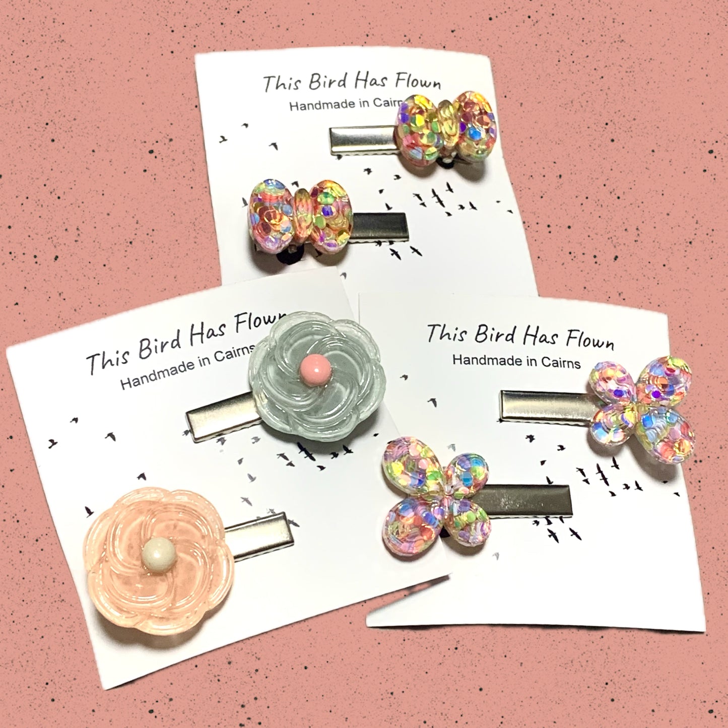THIS BIRD HAS FLOWN - "Swirling Flower"- Pink & Blue Alligator Clips