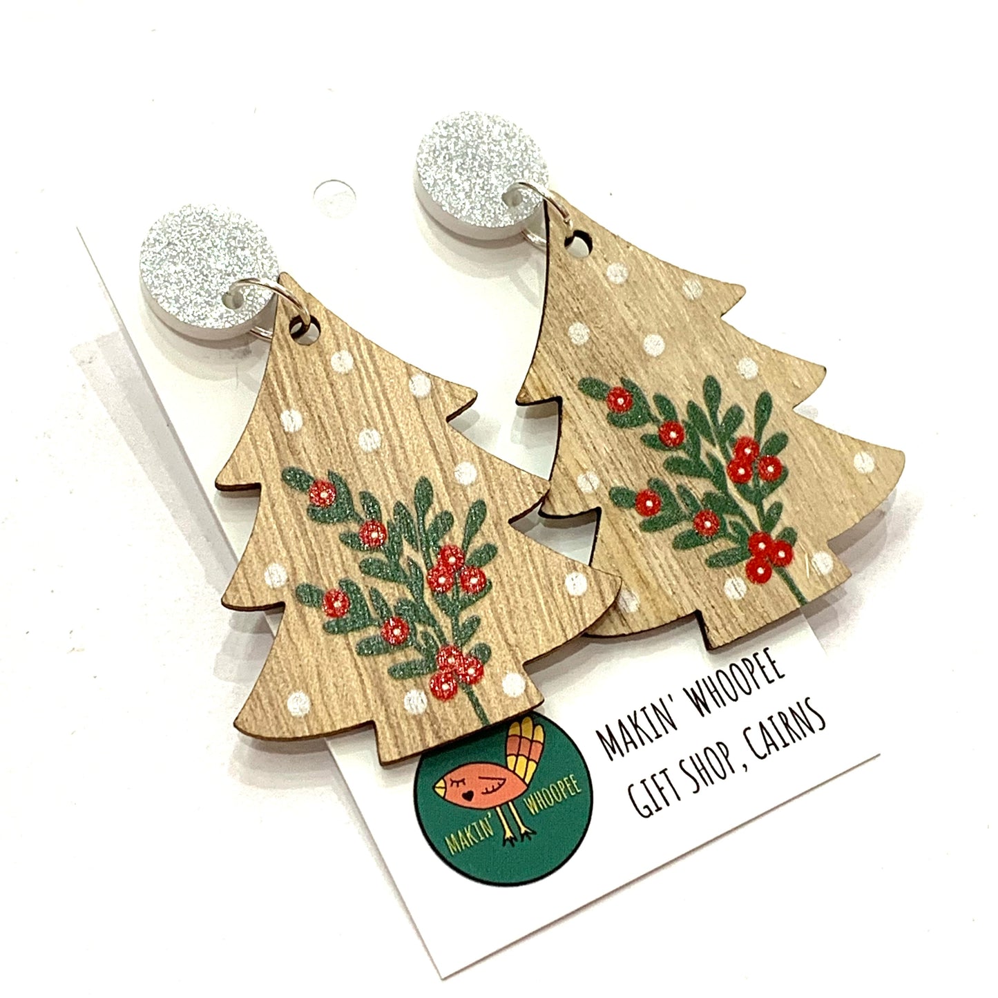 MAKIN' WHOOPEE - “Timber Trees- Silver Top” CHRISTMAS STUD DANGLES