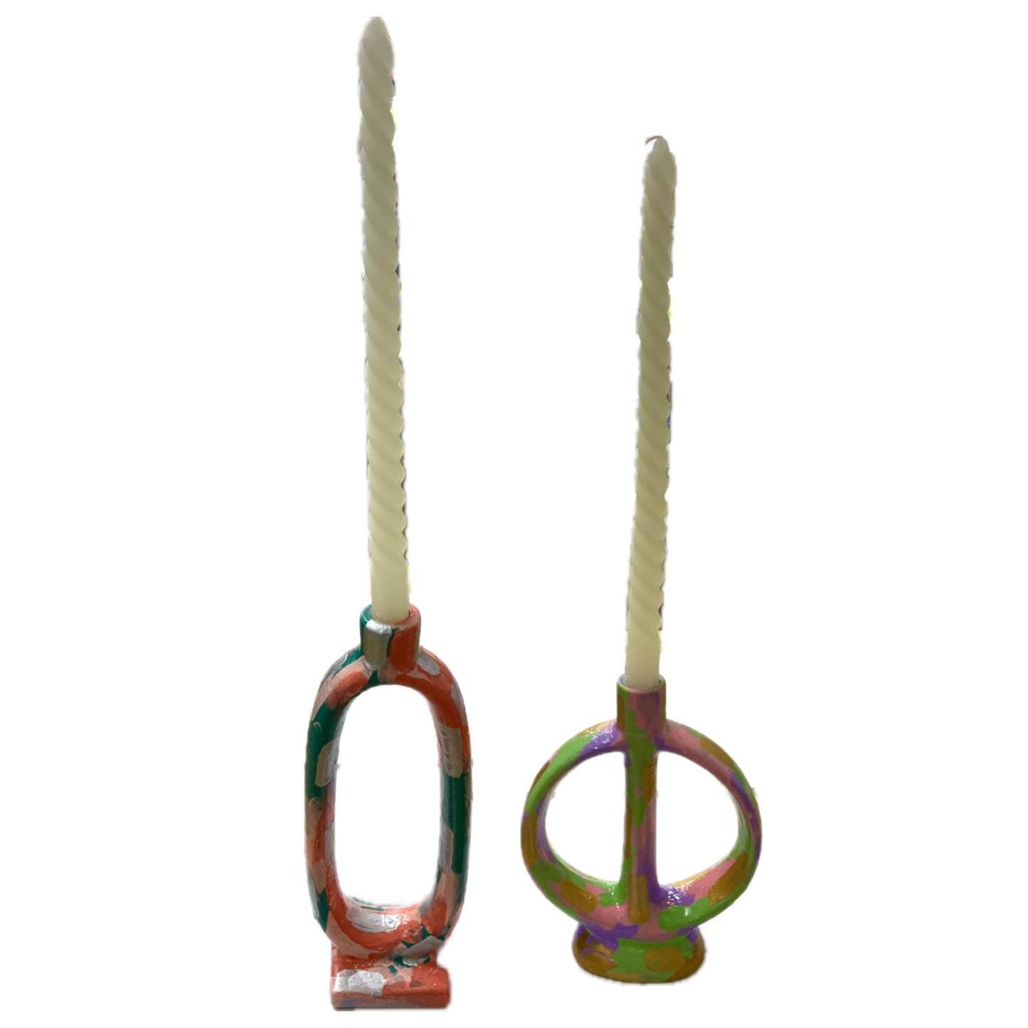 THIS BIRD HAS FLOWN - Intersected Candle Holder- Pink, Green, Lavender & Gold Abstract- Candle Included