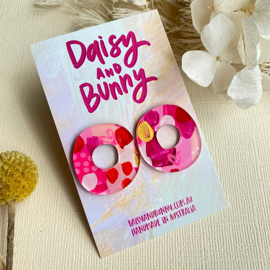 DAISY AND BUNNY - Hand Painted 25mm Donut Studs - Pink and Red