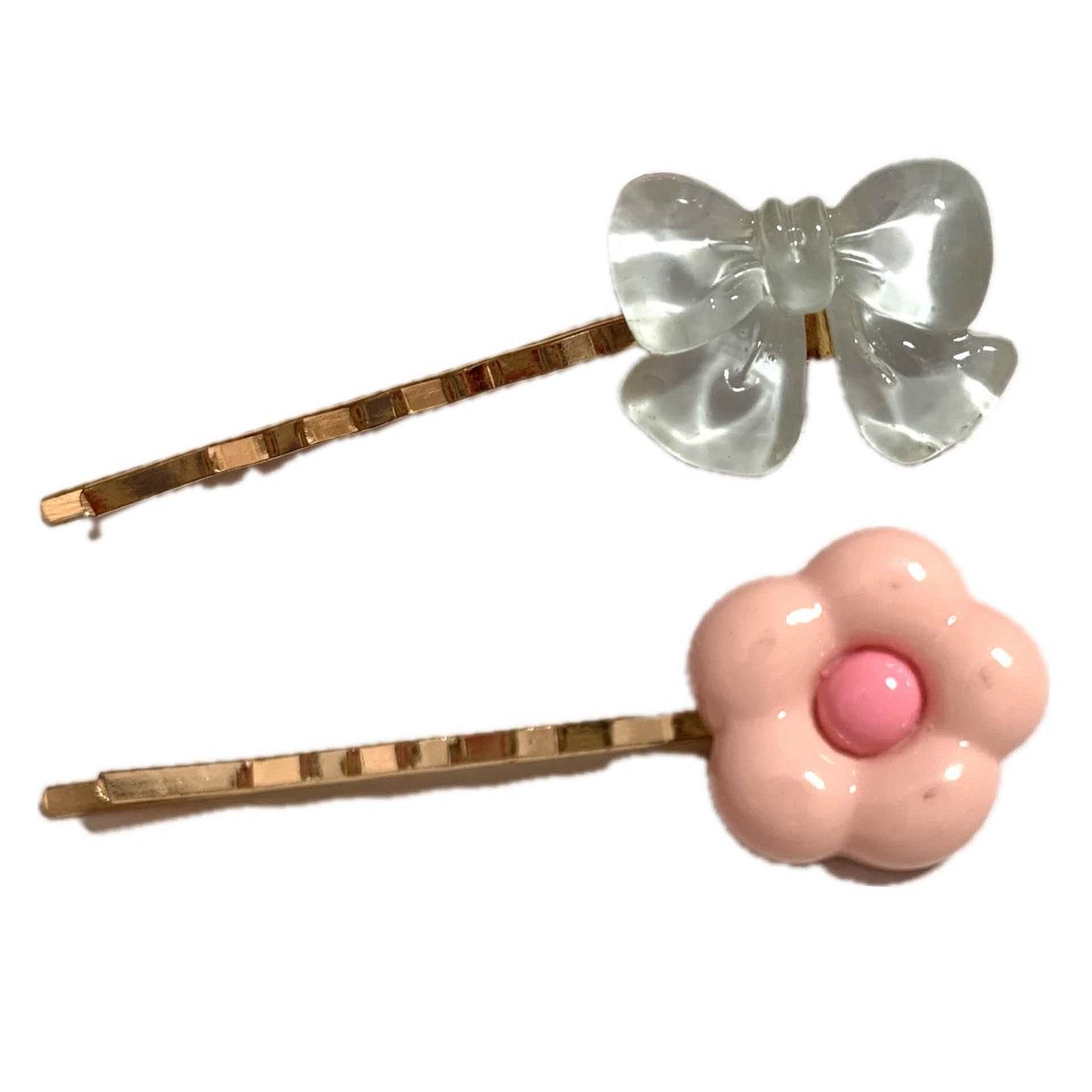 THIS BIRD HAS FLOWN - Mismatched Blue Bow Pink Flower - Hair Pins