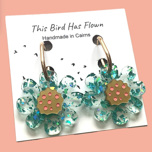 THIS BIRD HAS FLOWN - “Glitter Blooms- Aqua” HUGGIE HOOP CHARM EARRINGS