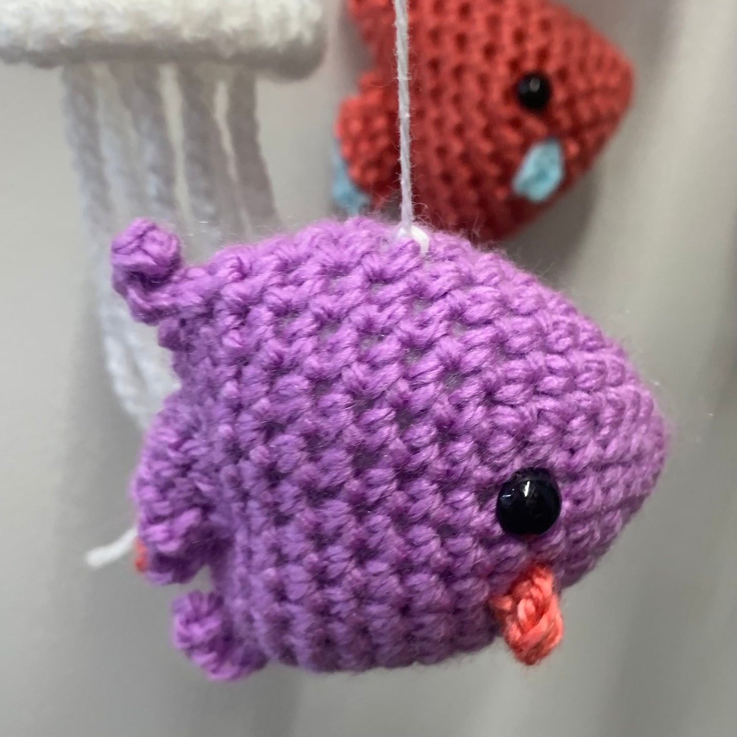 BEAKNITS- CROCHETED UNDER THE SEA MOBILE #3- White Ring & Purple Fish