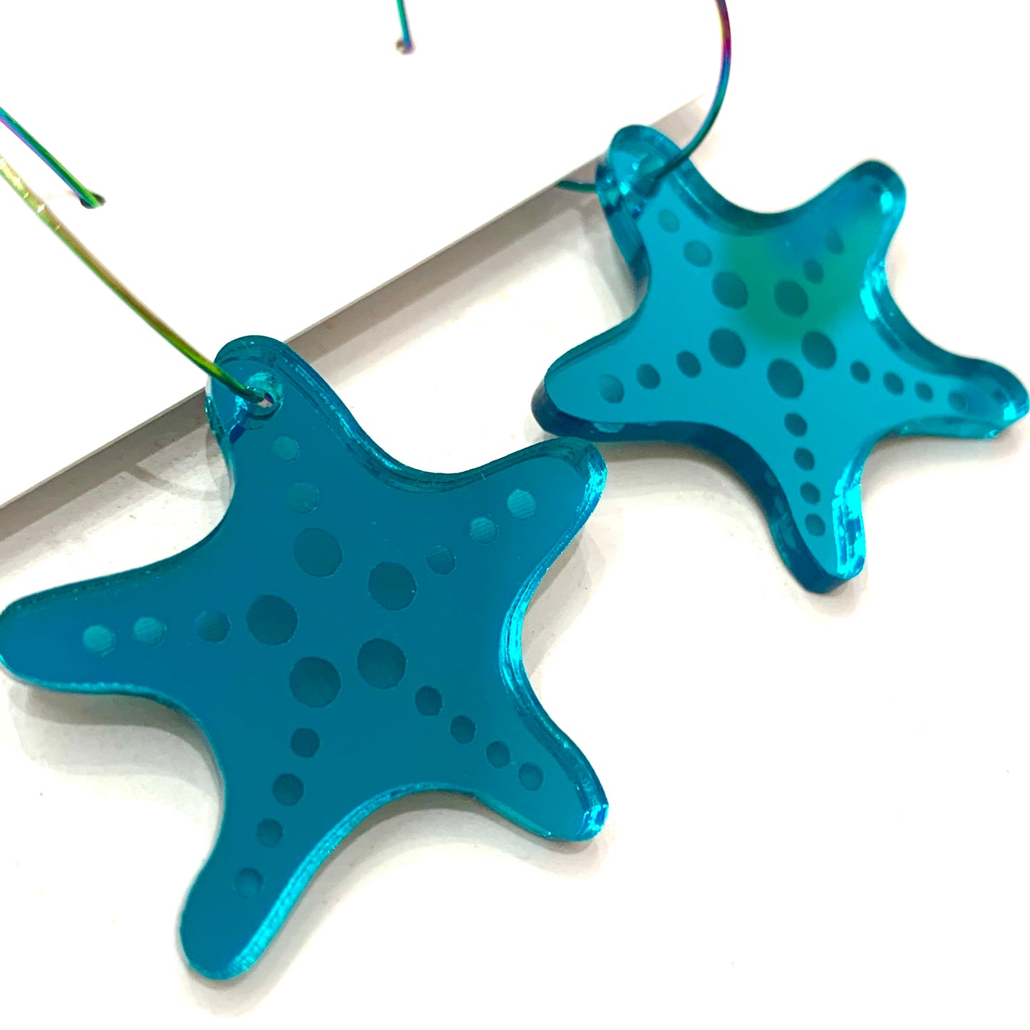 MAKIN' WHOOPEE - Mirror Teal Starfish- Ocean Collection Hoop Dangles