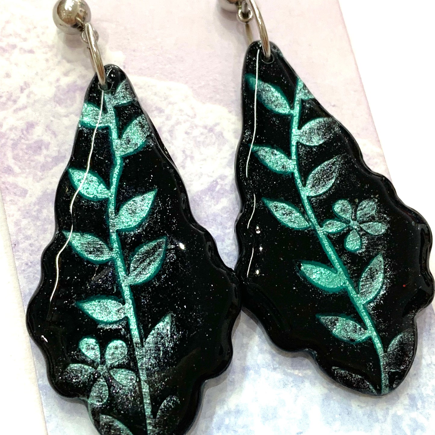 Sailvie Creations - Printed Black & Aqua Ball Stud Dangle Earrings