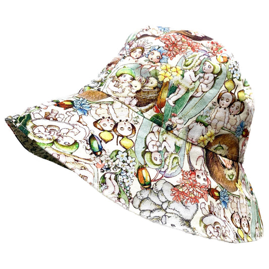Teacups n Quilts - May Gibbs Fabric Hat - Cream Background - Kids Size Large