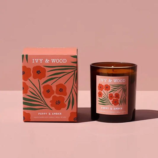 IVY & WOOD - Poppy & Amber Scented Candle- Flora Collection