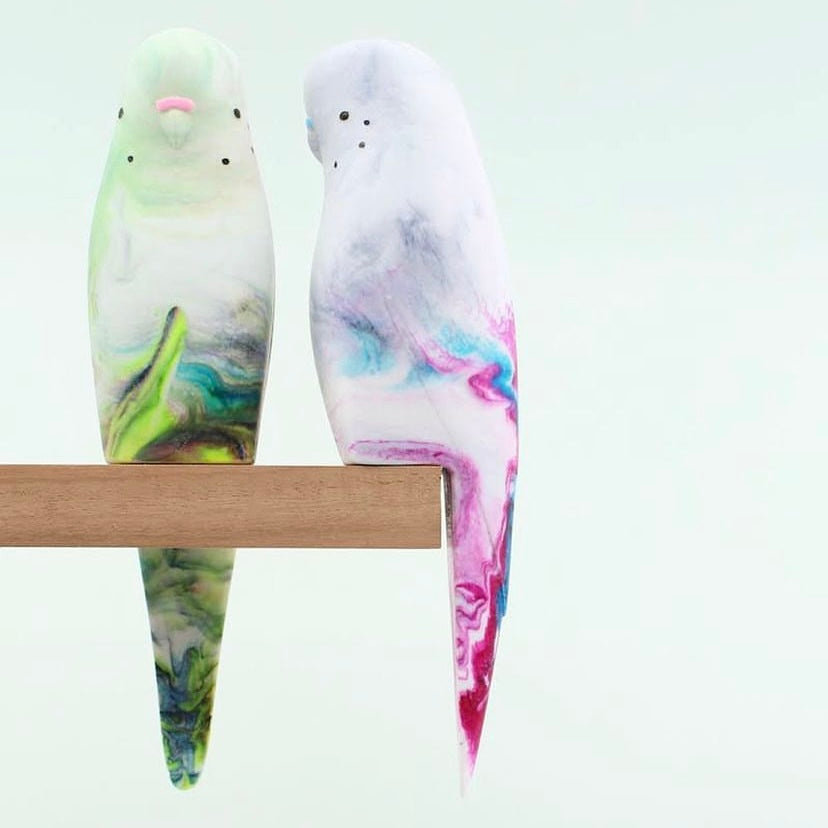 PETE CROMER - RESIN BUDGERIGAR #2 - Pastel Pink & Aqua