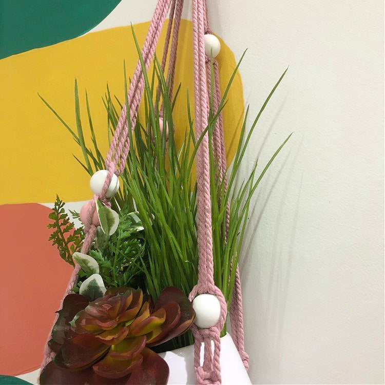 MAKIN' WHOOPEE - Macrame Pot Plant Hanger - Pink with Wooden Beads