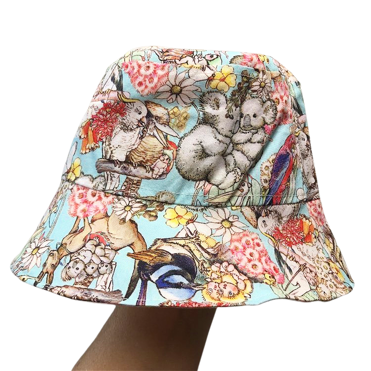Teacups n Quilts - May Gibbs Fabric Hat - Blue Background - Kids Size Small