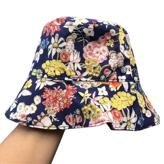 Teacups n Quilts - May Gibbs Darker Blue Background Fabric Hat- Kids Size Medium