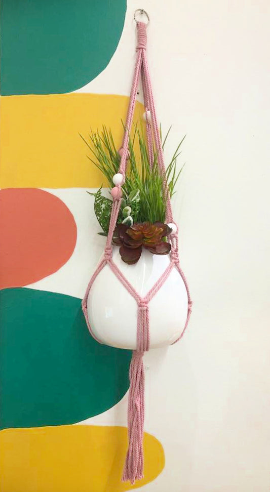 MAKIN' WHOOPEE - Macrame Pot Plant Hanger - Pink with Wooden Beads