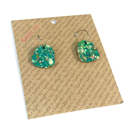 KAMI-SO- Recycled Paper Earrings - Mini Square Recycled Paper Earrings - Green Speckles