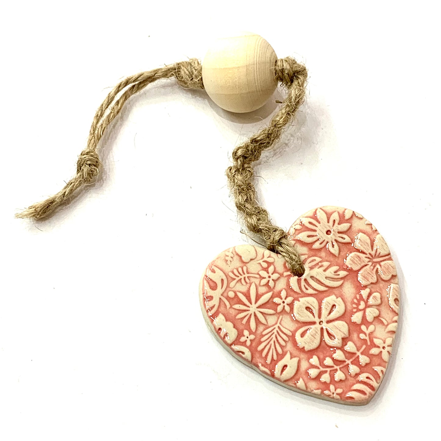 EARTH BY HAND- Clay Heart Decorations- Red Embossed, Knotted Cord & One Bead