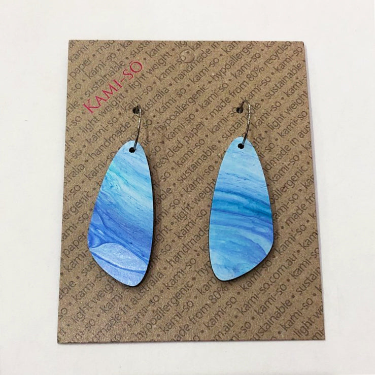 KAMI-SO- Recycled Paper Earrings - Oval Recycled Paper Earrings - Blue & White