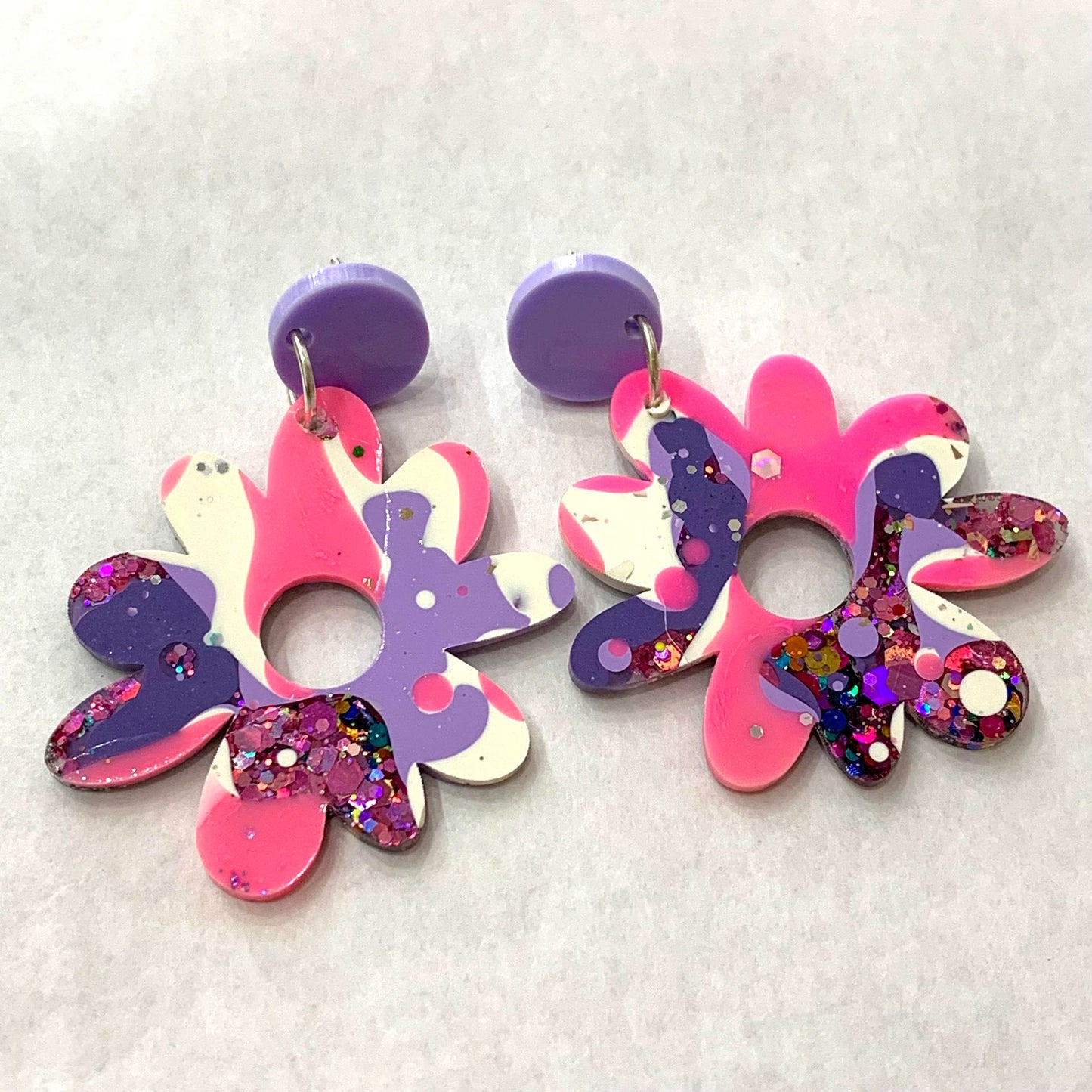 RAINBOW FIN - "FLOWER" Stud Dangle Earrings - Pink & Purple