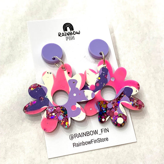 RAINBOW FIN - "FLOWER" Stud Dangle Earrings - Pink & Purple