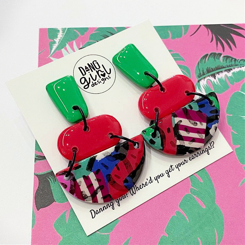 Dang Girl Designs - Printed Slab Three Piece Stud Top Dangle Earrings