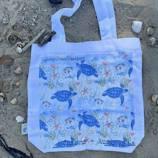 Shanna Trees Creations- "Turtles" Cotton Tote Bag- White