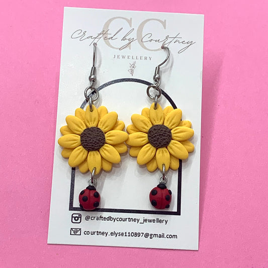 CRAFTED BY COURTNEY- Yellow Sunflower & Ladybird Hook Earrings