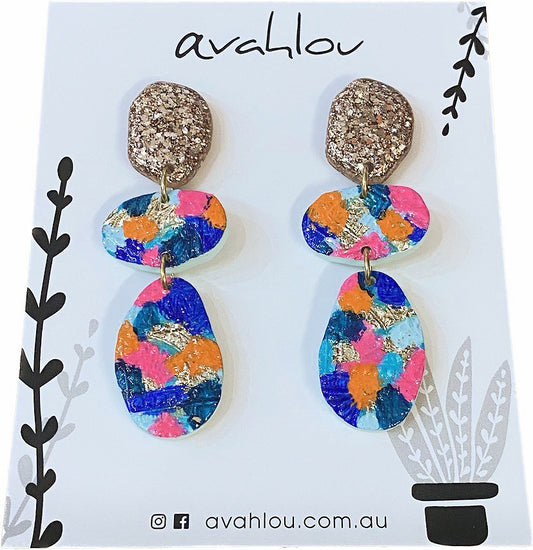 AVAHLOU - HAND TEXTURED & HAND PAINTED - THREE PIECE STUD TOP DANGLE EARRINGS
