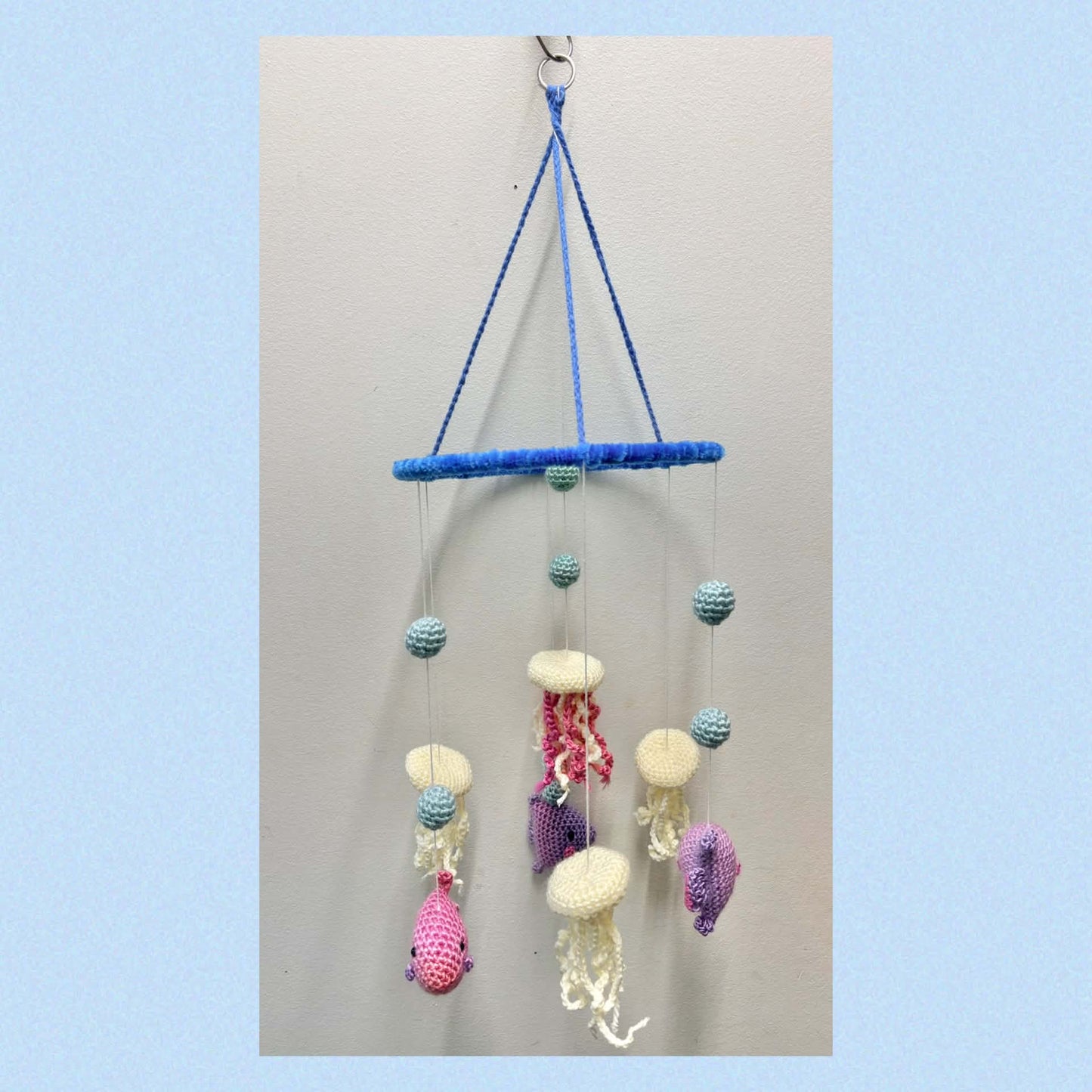 BEAKNITS- CROCHETED UNDER THE SEA MOBILE #6- Blue Ring with jellyfish and fish