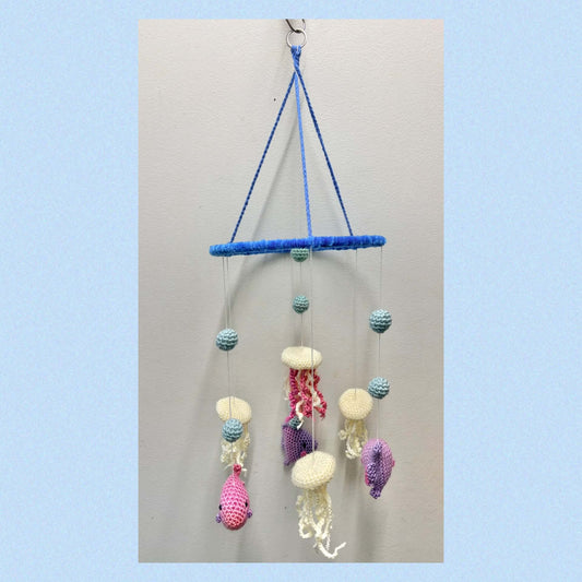 BEAKNITS- CROCHETED UNDER THE SEA MOBILE #6- Blue Ring with jellyfish and fish