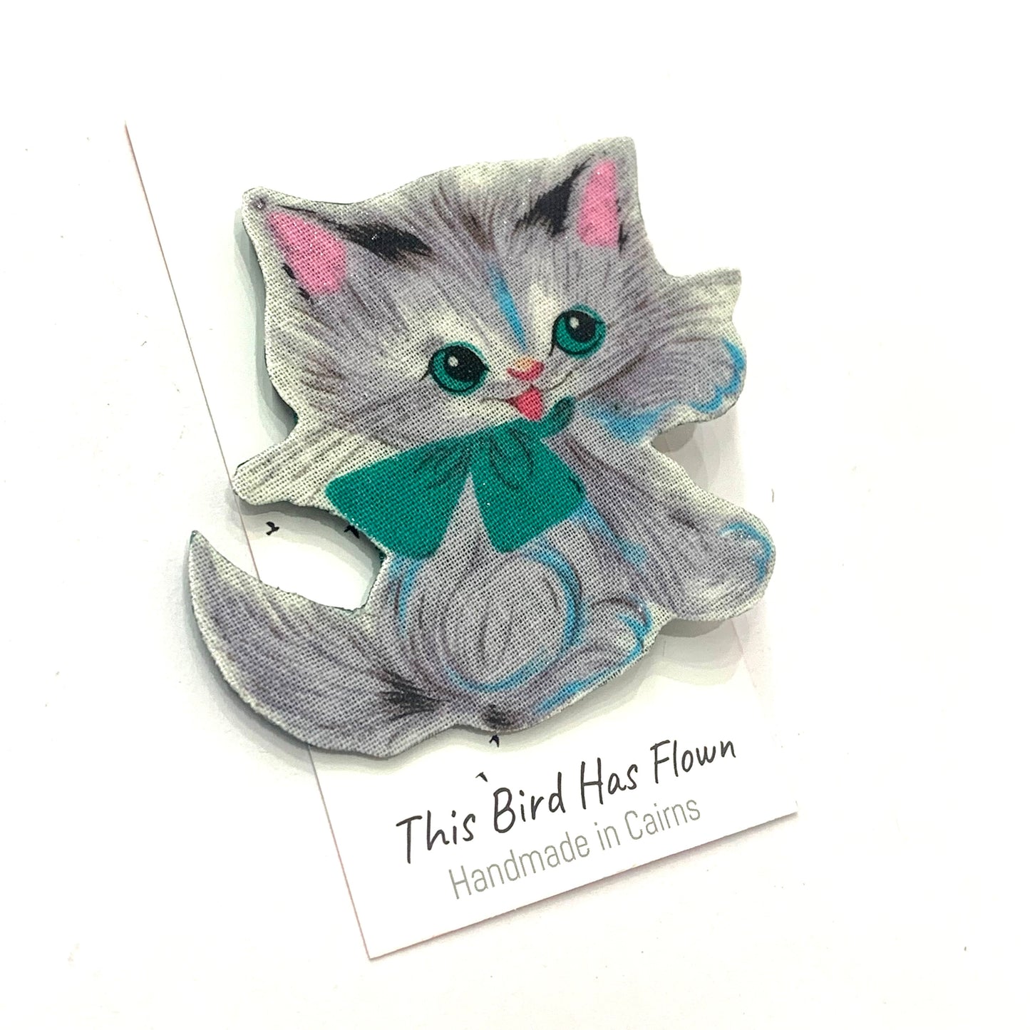 THIS BIRD HAS FLOWN- Fabric Remnant Brooches- Sitting Pretty Kitty