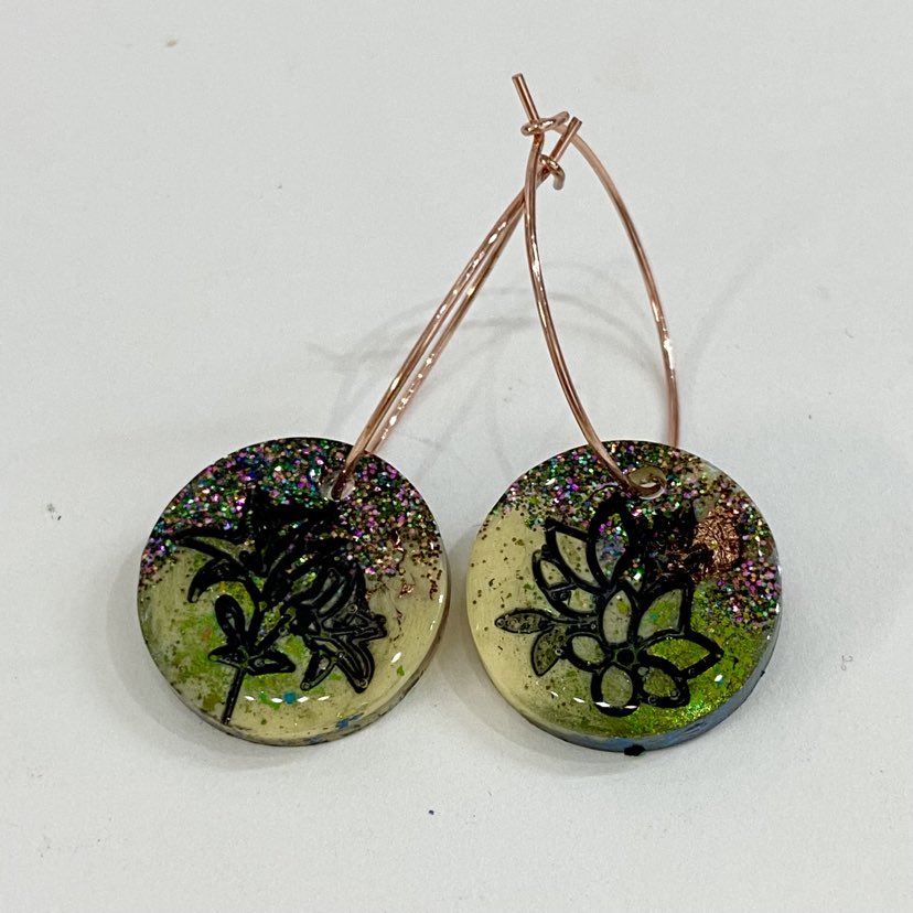 WATSON THE PUMPKIN - Mismatch Birth Month Flower Hoops - May - Yellow & Green Resin with Copper Foil & Glitter