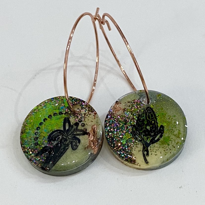 WATSON THE PUMPKIN - Mismatch Birth Month Flower Hoops - February - Yellow & Green Resin with Copper Foil & Glitter